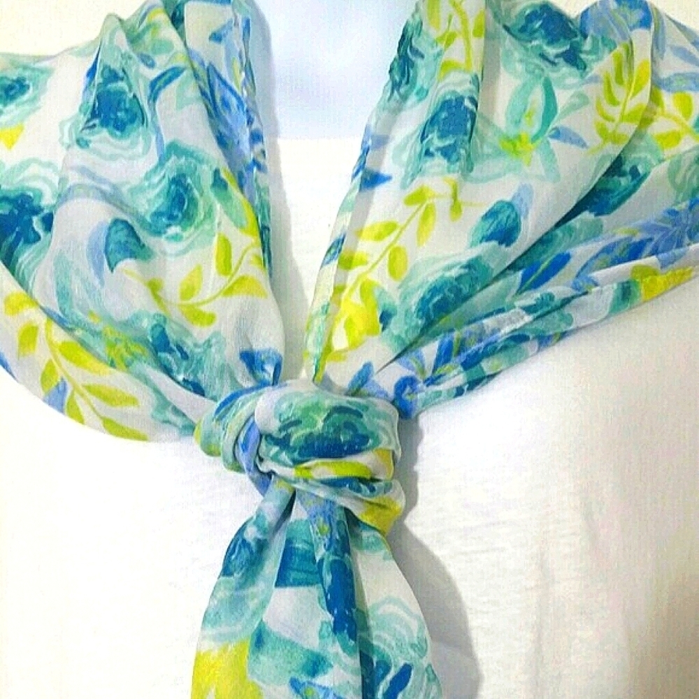 Scarf White Blue green floral print long NEW